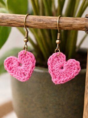 Handmade Crochet Heart Earrings Pink | Cute Boho Dangle Earrings | Jewelry Gift